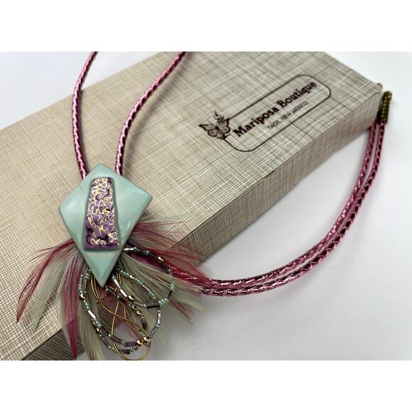 VTG 80s NIB Southwest Bolo Tie Pink Leather Cord Ceramic Slide Feathers Beads - Picture 2 of 4
